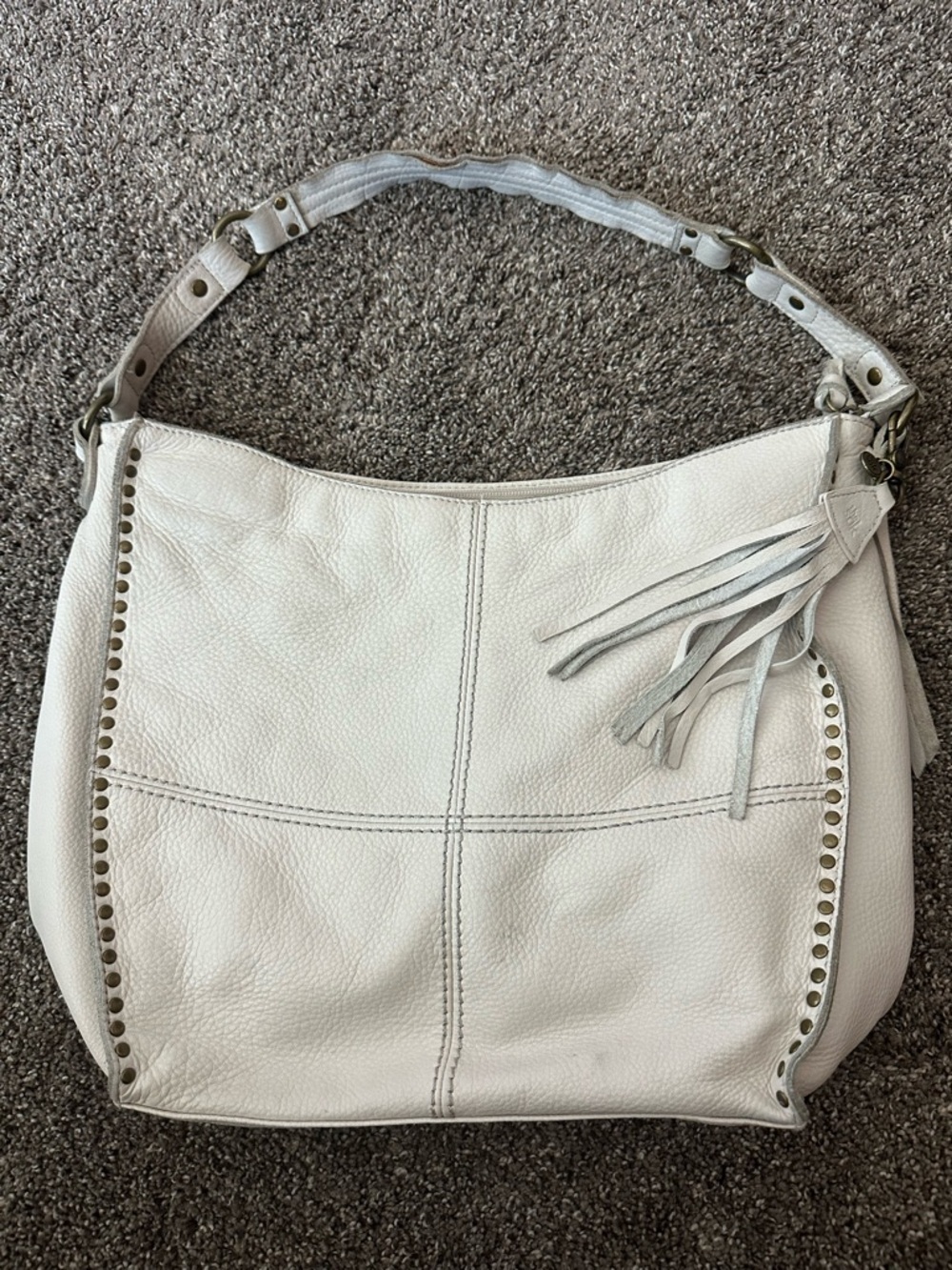 The Sak White Pebbled Leather Studded Hobo Bag Tassel GUC